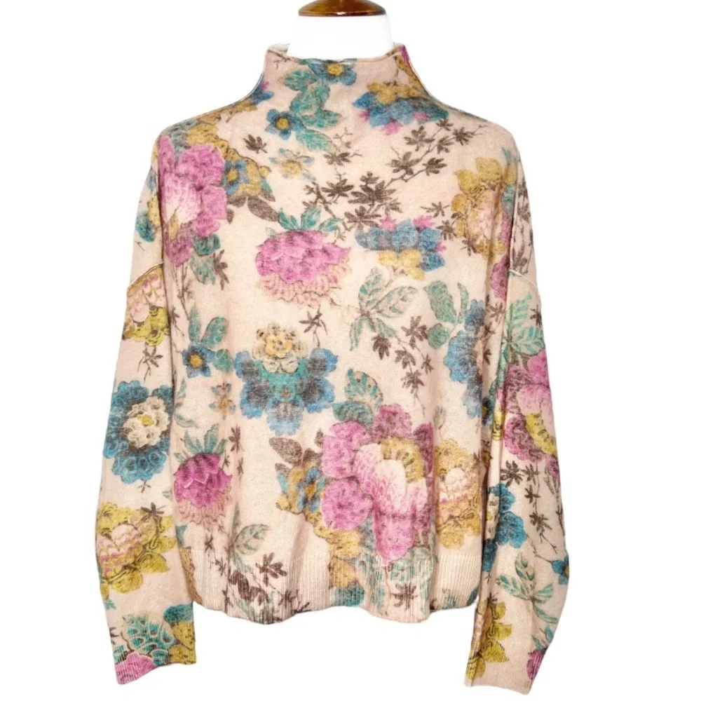 SOLD-Anthropologie Cashmere Floral Print Mock Neck Long Sleeve Sweater Pilcro - Picture 2 of 14